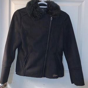 Guess faux fur collar with asymmetrical zipper.